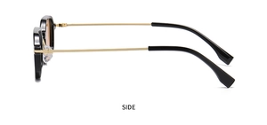 Seitenansicht der Retro-Sonnenbrille mit schwarzem Rahmen und schmalen Goldmetallbügeln