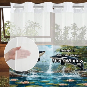 Detail of silver metal rings on sheer curtain with orca landscape and privacy fabric