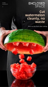Macro view of stainless steel slicer pouring uniform watermelon cubes into a glass bowl