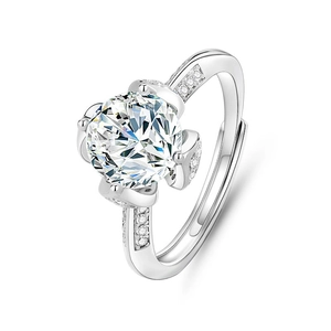 Detail of S925 sterling silver lotus ring with a 2-carat round moissanite centerpiece