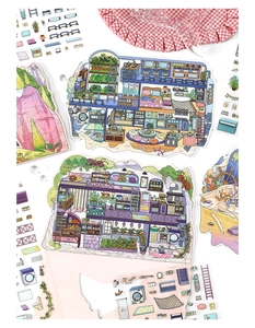 Close-up of 2.5D miniature house stickers featuring colorful DIY interior scenes