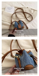 Detail showing blue denim bucket bag with brown leather accents and drawstring closure