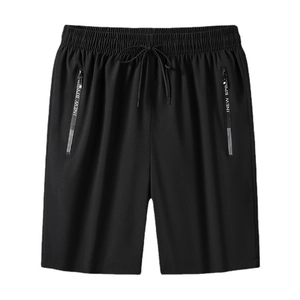 Men's black breathable athletic shorts with elastic drawstring waist and zip pockets
