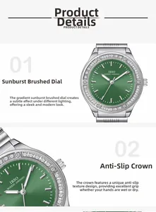 Detail of green sunray dial with crystal bezel and textured crown on steel watch