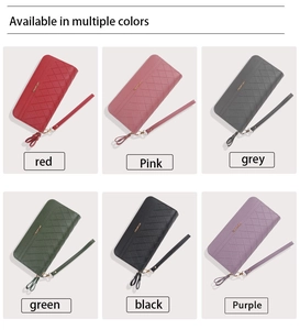 Detailed grid view of long quilted women's wallets in red, pink, grey, green, black and purple