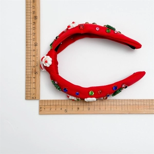 Red Christmas headband with Santa, trees and rhinestones, dimensions shown with rulers