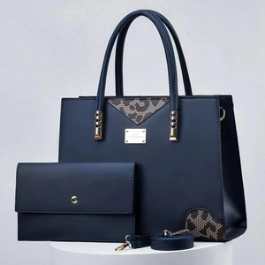 Ensemble sac à main et pochette bleu foncé en cuir PU avec motif géométrique