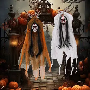 Halloween hanging skeleton ghosts with bloody faces and long hair for haunted house party decor