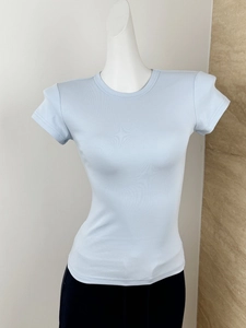 Front view of light blue slim fit t-shirt showing fine ribbed texture on mannequin