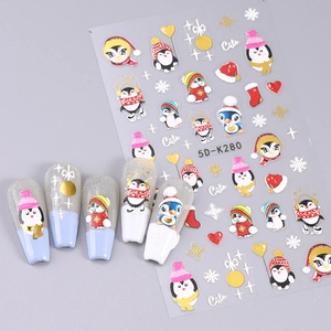 Detailed 5D embossed Christmas penguin nail stickers with cute snowflakes and 5D-K280 patterns