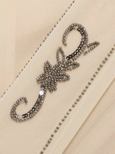 Detailed macro view of delicate beadwork and sequins on beige georgette fabric