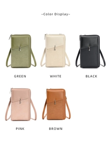 Vertical crossbody phone bag detail showing five color options in smooth synthetic leather