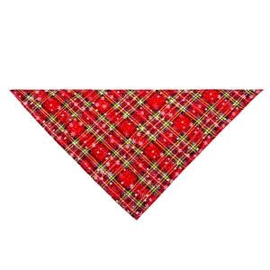 Detail of red plaid Christmas dog bandana with white snowflake patterns and neat stitching