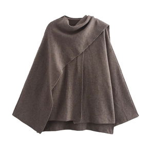 Manteau cape élégant en maille de laine marron foncé avec ourlet asymétrique chic