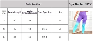 Size chart for seamless high-waisted yoga leggings showing length, waist, and hip dimensions