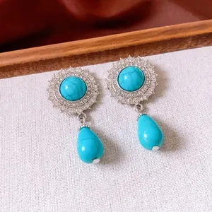 Vintage pearl beaded necklace with turquoise teardrop pendant and matching earrings set