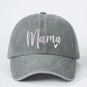 Classic dark grey washed cotton baseball cap with white Mama embroidery and heart