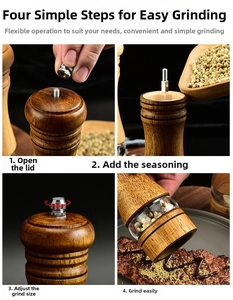 Detail showing oak pepper mill with acrylic window and top knob for coarseness adjustment