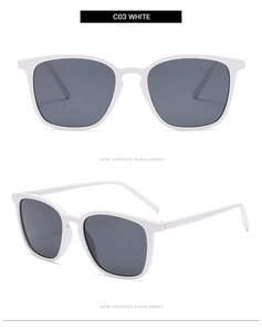 Close-up of square white frame sunglasses with integrated nose pads and dark lenses
