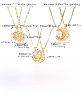 Size chart showing gold moon and sun pendant necklace dimensions and copper jewelry weights