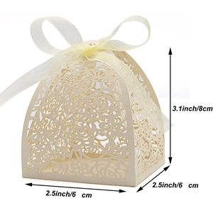 Laser cut hollow wedding candy box in beige paper with ribbon decoration, 8cm height