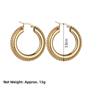 Detailed view of 3.8cm gold hoop earrings with twisted rope texture and 13g weight