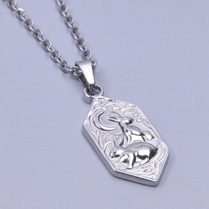 Macro shot of silver hexagonal pendant with rabbits and moon relief on stainless chain