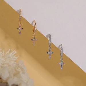 Exquisite gold and silver cross hoop earrings with vibrant colorful cubic zirconia