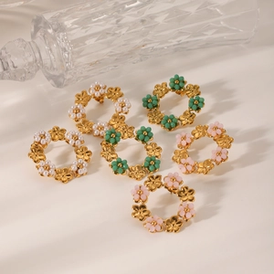 Französische 18K Gold Creolen mit buntem Blumen-Perlen-Design in drei Farben