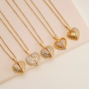 Golden heart locket necklaces with sparkling zircon pavé and intricate cutout patterns