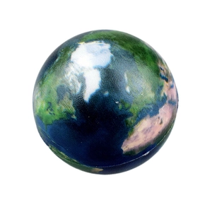 PU foam earth stress ball toy featuring detailed world map print on white background