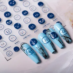 3D Relief Nail Art Stickers Blue Emoji Cartoon Face Design Self Adhesive Ultra Thin Manicure Decoration For Women