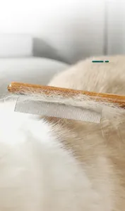 Dettaglio di pettine in legno con denti metallici che rimuove peli morti dal gatto