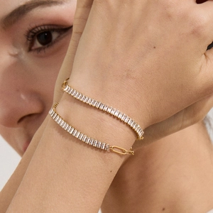 18k gold plated stainless steel bracelet with rectangular zircons on model wrist