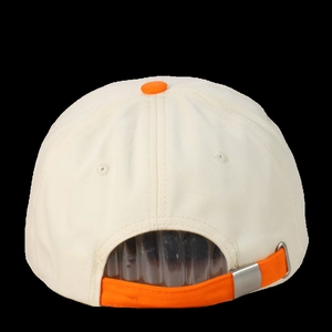 Detail view of contrast baseball cap with cream canvas and orange adjustable metal strap