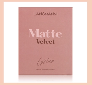 Vista frontale della confezione rosa per il set di sei rossetti liquidi vellutati