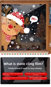 Detail of static Christmas window decals with reindeer and snowflakes on smooth glass