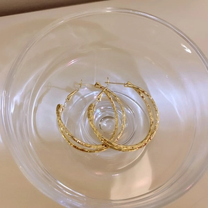 Close-up of golden multi-layer round hoop earrings with textured finish and elegant design
