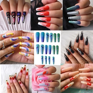 Detailed grid view showing various long French press-on nails with colorful flame and swirl designs
