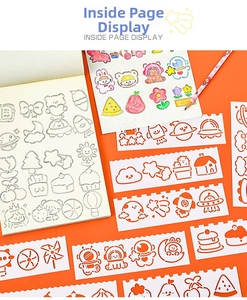 Detail von Cartoon-Schablonen mit Notizbuch und Stiften für kreatives DIY-Zeichnen