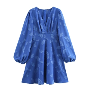Robe Mini Col En V Manches Longues Taille Haute Plissée Ligne A Jacquard Texture Paisley Rétro Élégant Bleu Femme