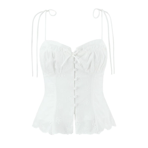 White lace embroidered camisole top with adjustable straps and front button detail