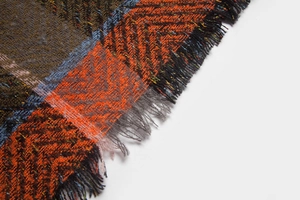 Close-up of multicolored herringbone weave texture and soft fringe detail on the poncho