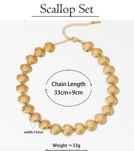 Detailed specs of gold scallop necklace with chain length 33cm+9cm and width 15mm