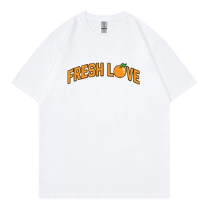 White cotton T-shirt featuring orange Fresh Love print and orange graphic illustration