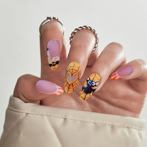 Plastic Halloween Press On Nails Almond Shape Bat Spider Web Flame Design Orange Pink Black Dark Style For Women