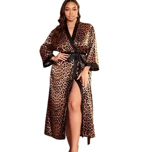 Sexy leopard print satin robe for women with black trim and waist tie in long length