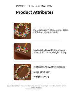 Detailed size parameters for the vintage floral rhinestone necklace, earrings and bracelet set
