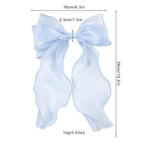 Blue organza ribbon bow hair clip with long streamers and dimensions for girls