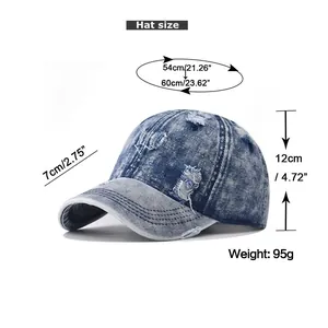 Detailed size chart for washed distressed denim baseball cap with measurement markers
